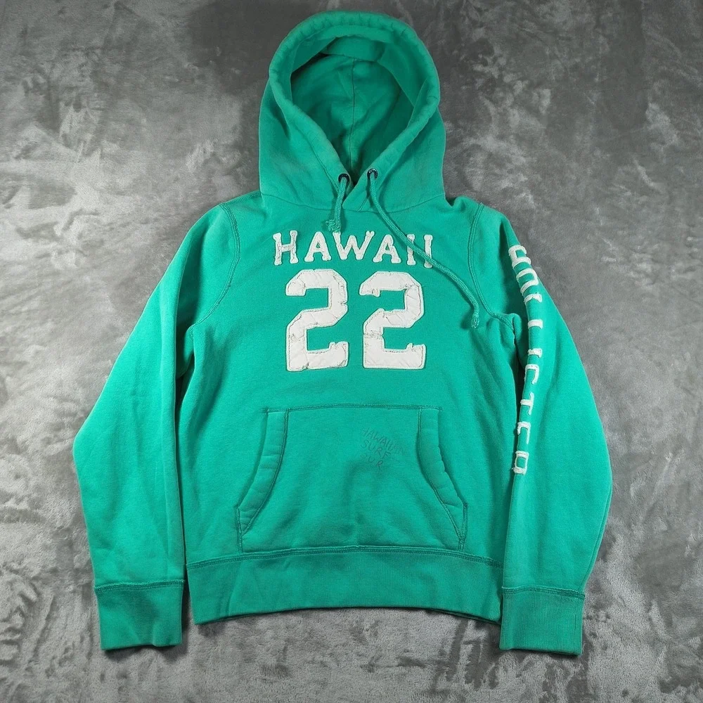 Hollister Hoodie Men Medium Green Hawaiian Surf Tour 22 Embroidered Pullover Y2K - Picture 1 of 11